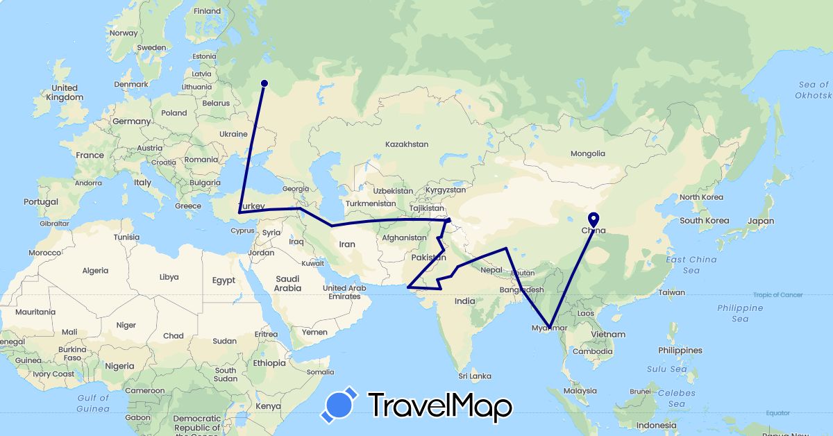 TravelMap itinerary: driving in Afghanistan, Bangladesh, China, India, Iran, Myanmar (Burma), Pakistan, Russia, Turkey (Asia, Europe)